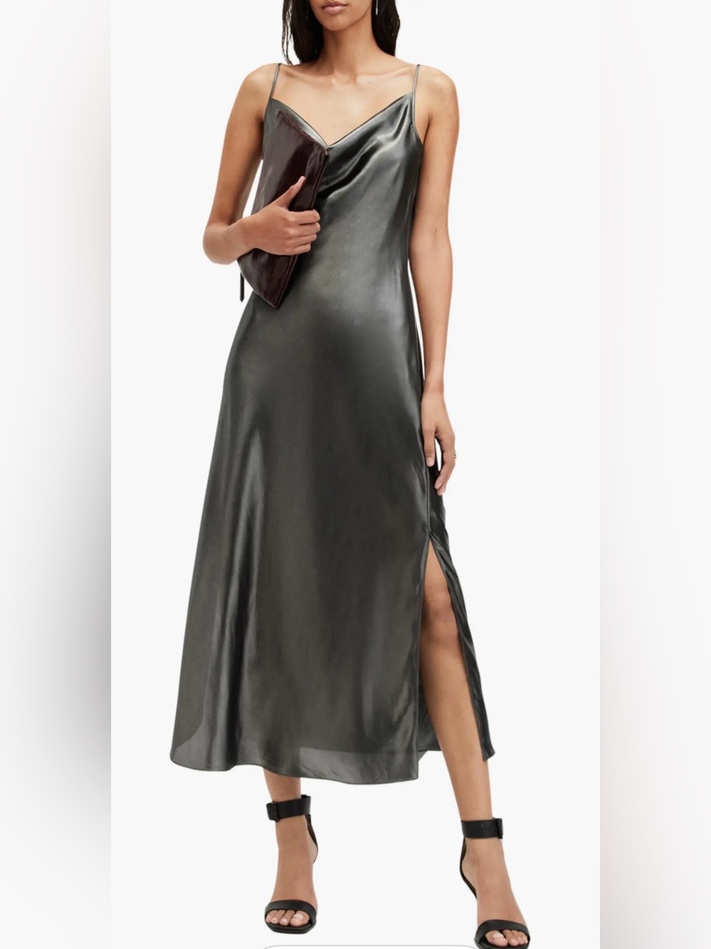 AllSaints Rosetta Tinsel Metallic Slip Midi Dress Gray Silver Satin Medium